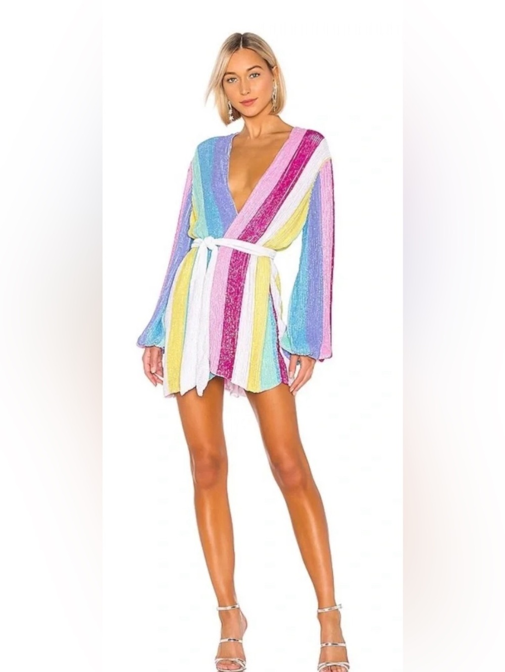 Retrofete Vibrant Rainbow Striped Wrap Dress with Belt